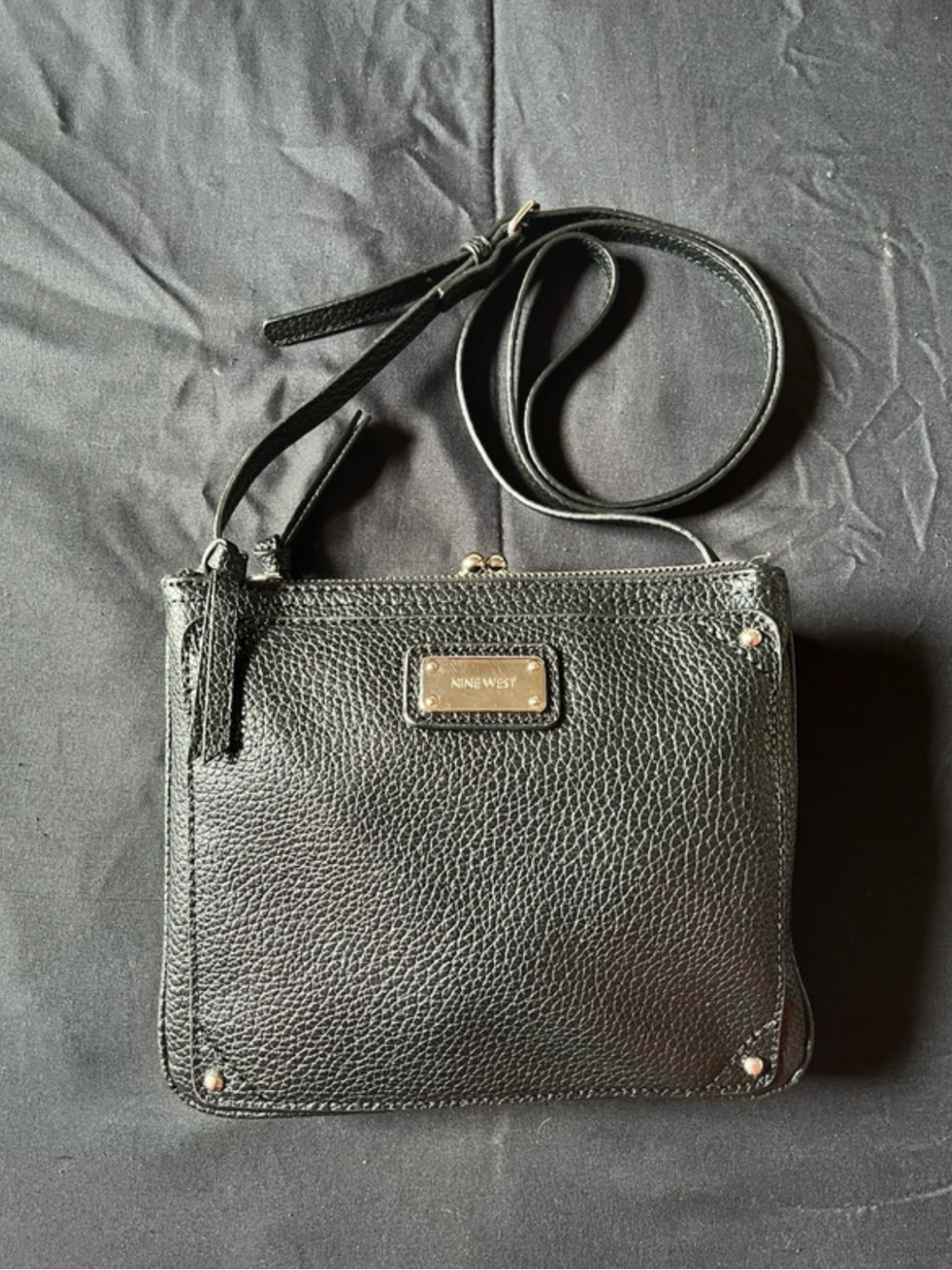 Nine West Black Pebbled Crossbody with Metal Logo Plate
